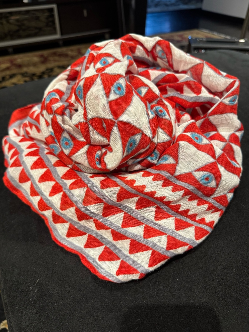 Theodora & Callum Oversized Linen Blend Scarf Wrap Red Evil Eye 42 x 81